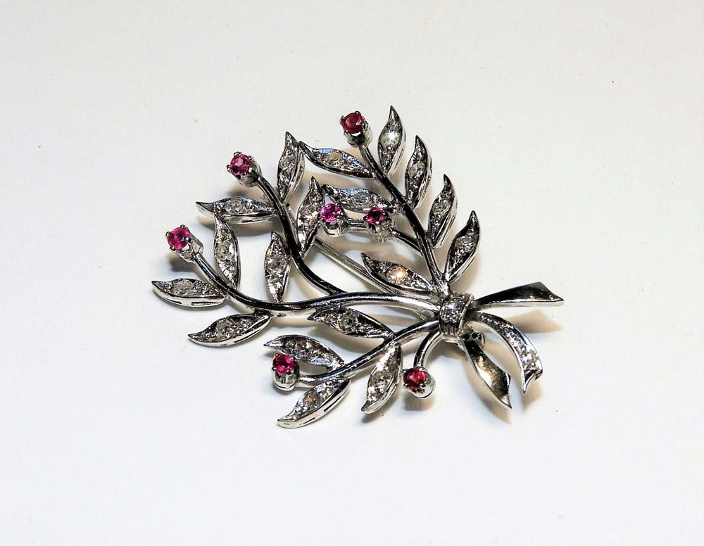 Appraisal: KT Gold Diamond Ruby Botanical Spray Brooch th century KT