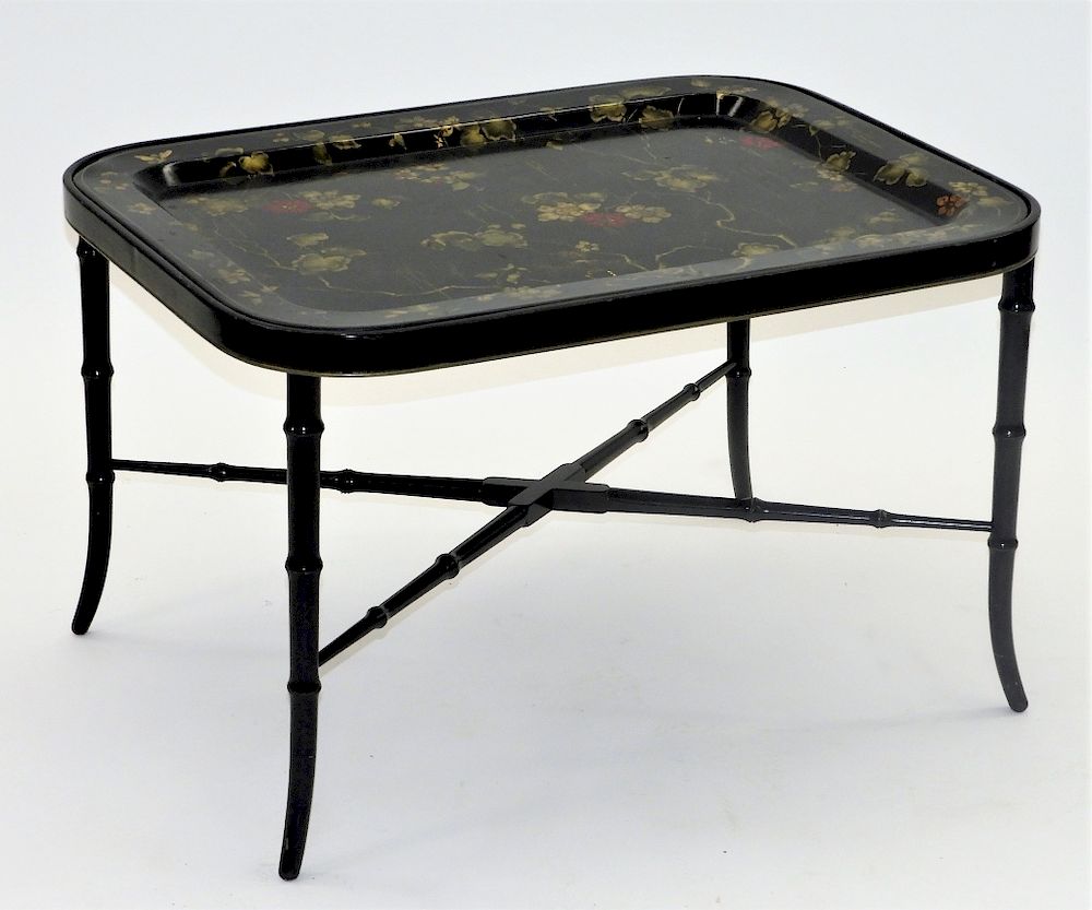 Appraisal: Chinoiserie Toleware Black Lacquered Tray Table United States th Century