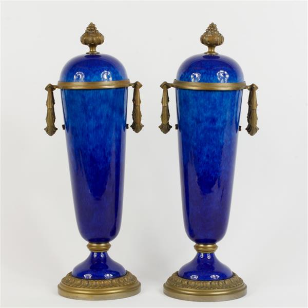 Appraisal: Pair of French Louis XVI style flambe glazed cobalt porcelain