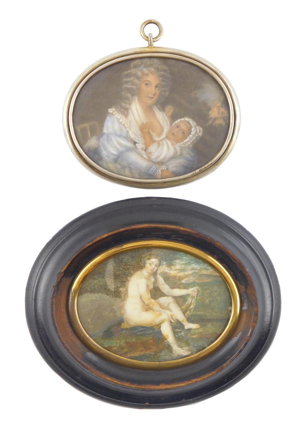 Appraisal: MINIATURE Two vignettes with women both on oval supports one