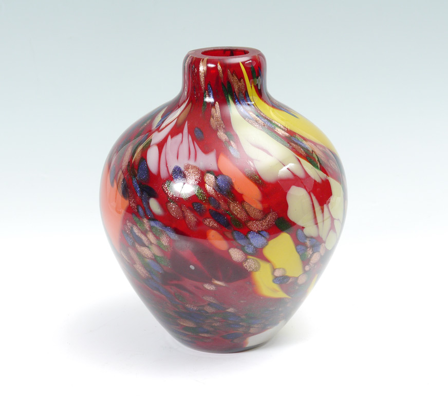 Appraisal: MURANO ART GLASS VASE Red ground with stretched assorted inset