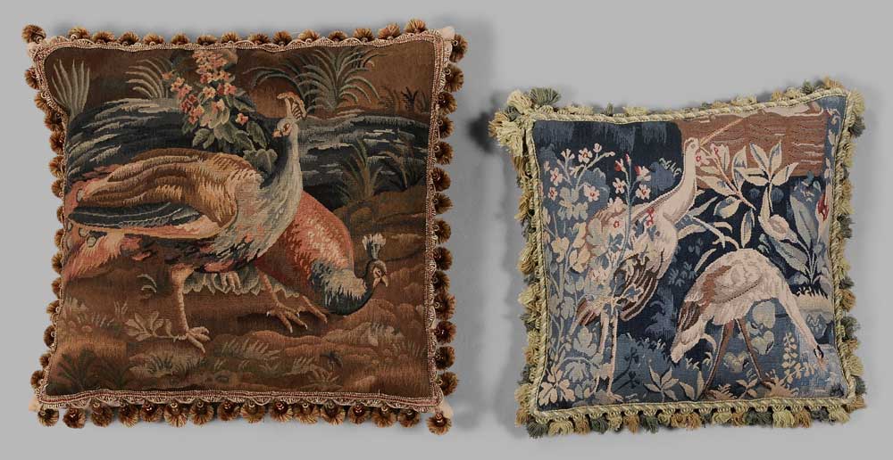 Appraisal: Two Bird Tapestry Throw Pillows probably Continental probably th century