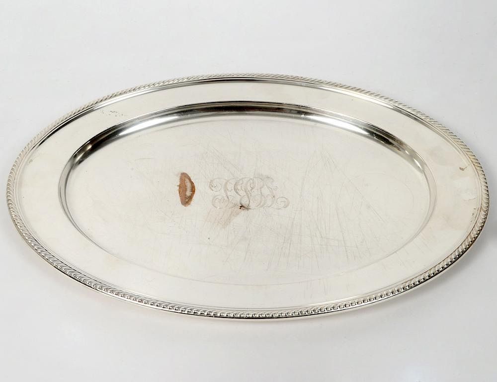 Appraisal: STERLING SILVER TRAY American th Century Maker Gorham With gadrooned