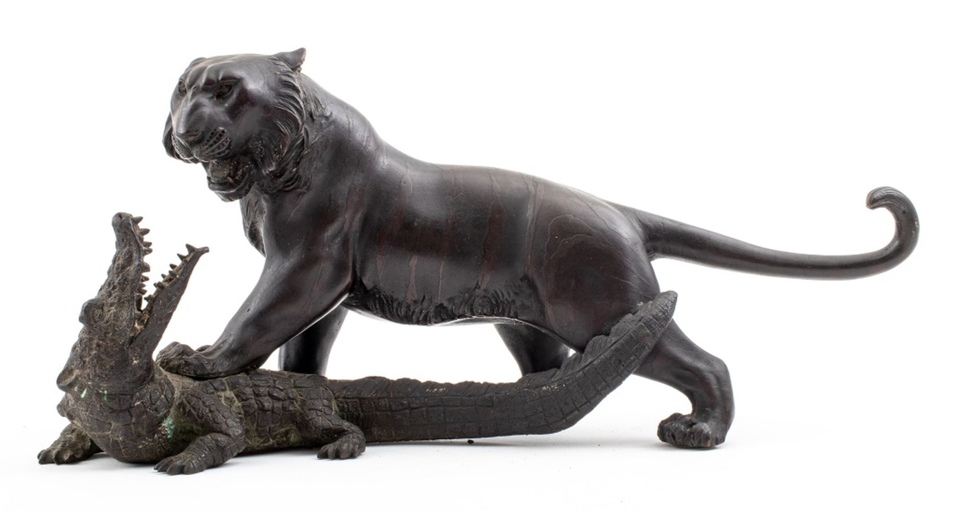 Appraisal: JAPANESE MEIJI BRONZE TIGER CROCODILE SCULPTURE Japanese Meiji - patinated