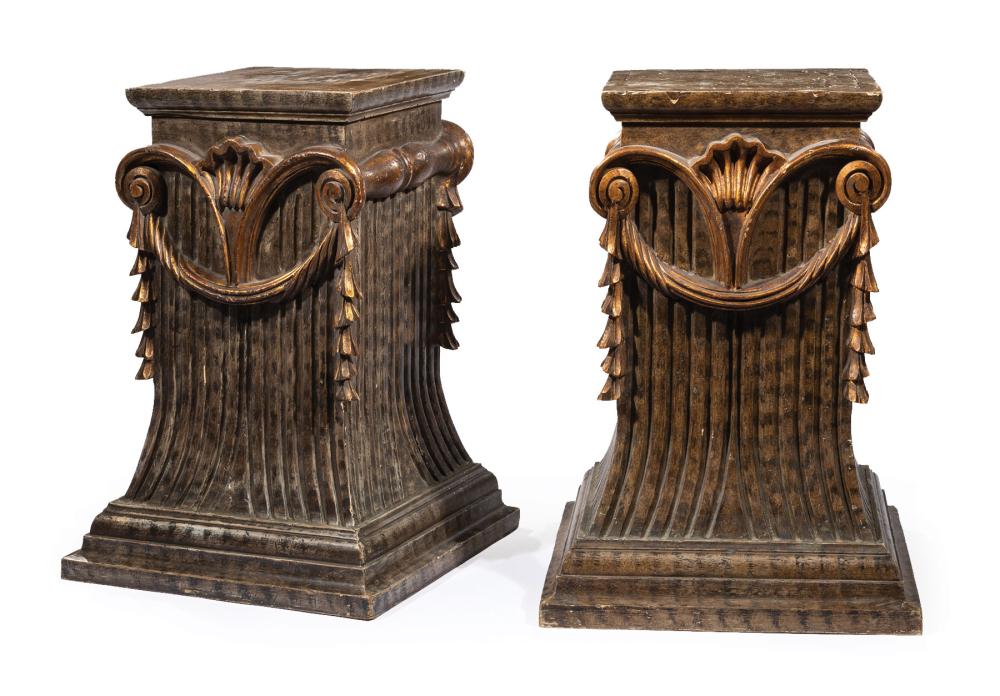 Appraisal: Pair of Neoclassical-Style Carved and Gilded Faux Marbre Pedestals h