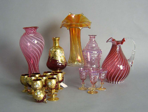 Appraisal: Glassware to include cranberry swirl vase and pitcher enamel decorated