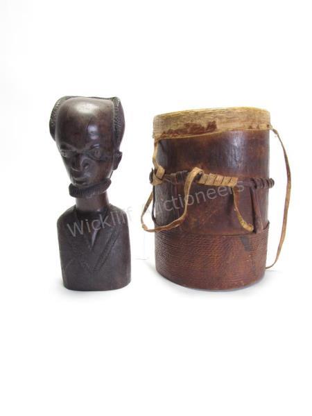 Appraisal: An African drum wooden with leather binding and an Ebony