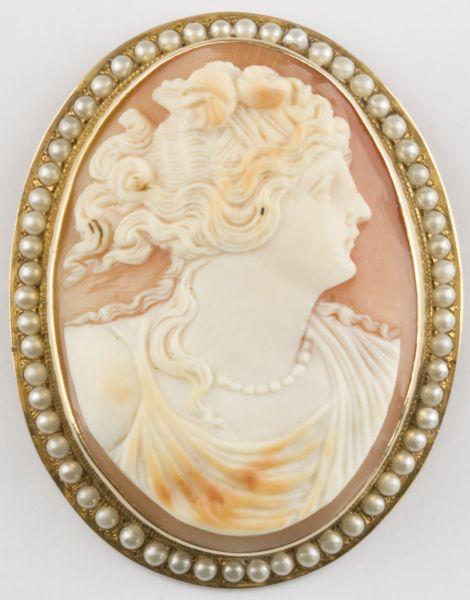 Appraisal: KT Cameo Brooch with Seed Pearls th century shell carved