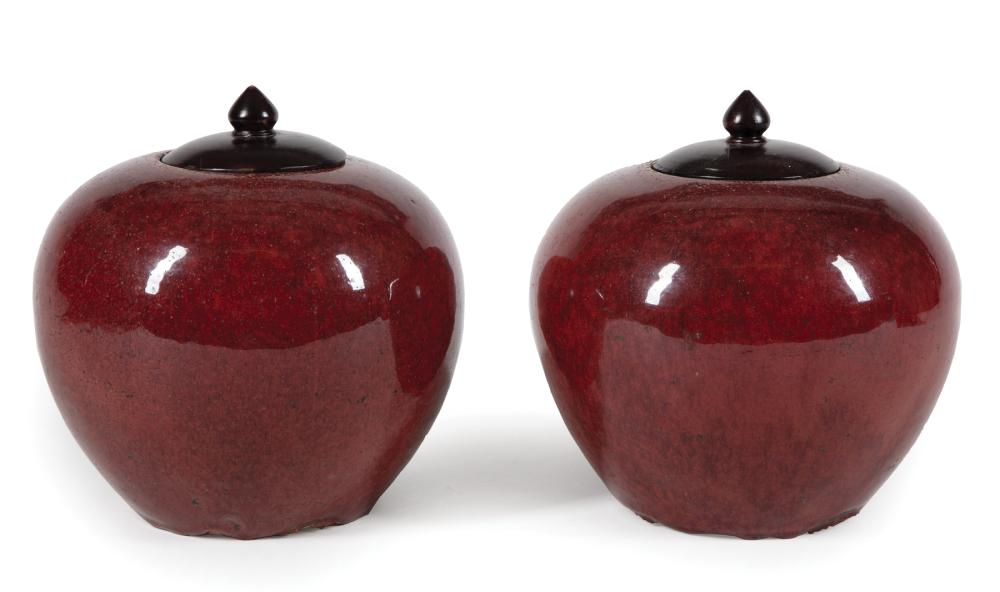 Appraisal: Pair of Chinese Flambe Glazed Porcelain Globular Jars overall thick