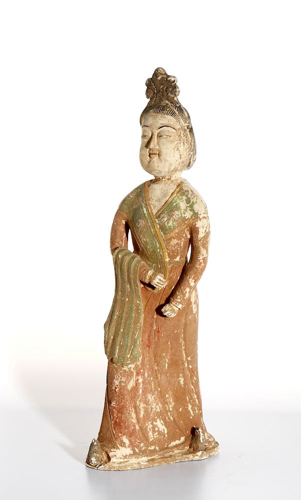 Appraisal: Chinese Painted Pottery Lady Possible Tang Dynasty well-modeled standing in