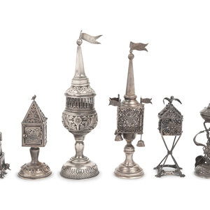 Appraisal: Six Continental Silver Spice Towers and Boxes Various Makers of