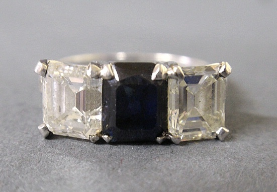 Appraisal: - Ladies tested platinum diamond and sapphire ring with square