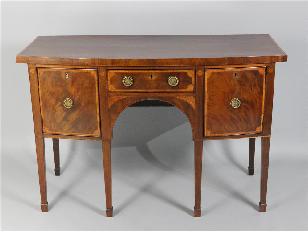 Appraisal: GEORGE III INLAID MAHOGANY BOW FRONT SIDEBOARD CIRCA the rectangular