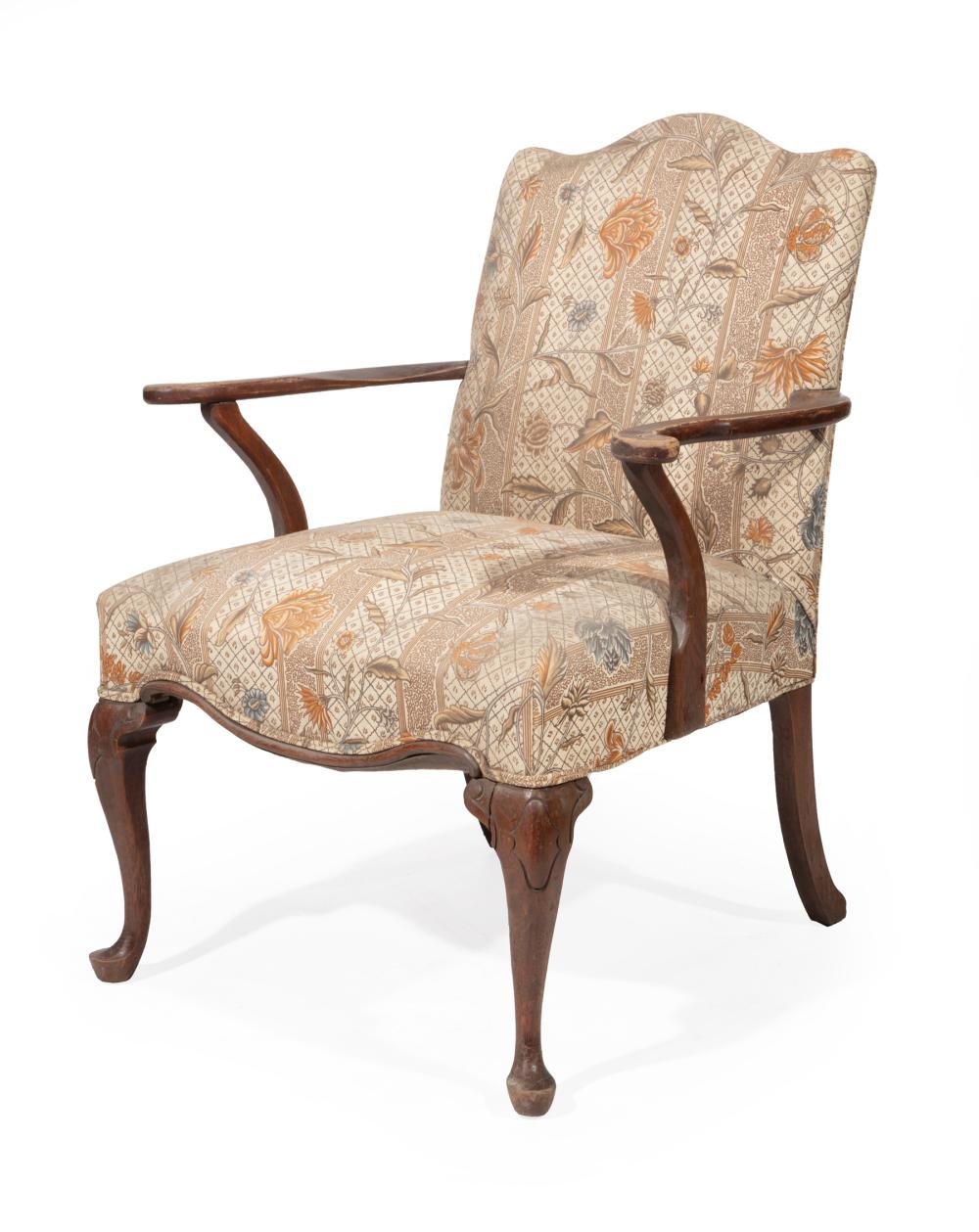 Appraisal: Queen Anne-Style Mahogany Armchair scrolled and arched back cabriole legs