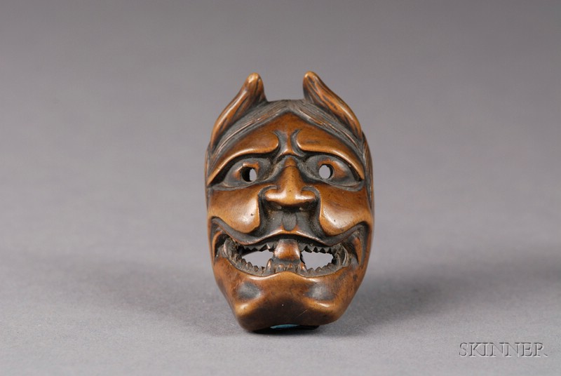 Appraisal: Boxwood Netsuke th century demon mask signed Komitsu lg in