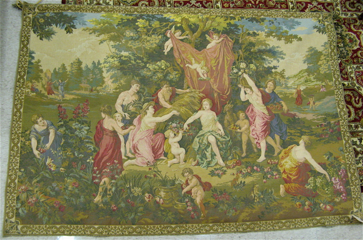 Appraisal: PICTORIAL WALL TAPESTRY WITH HANGER ROD Belgian th century featuring