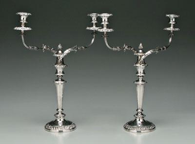 Appraisal: Pair Old Sheffield plate candelabra each with two reed and