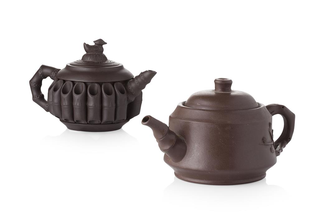 Appraisal: TWO YIXING TEAPOTS TH CENTURY one carved with bamboo issuing