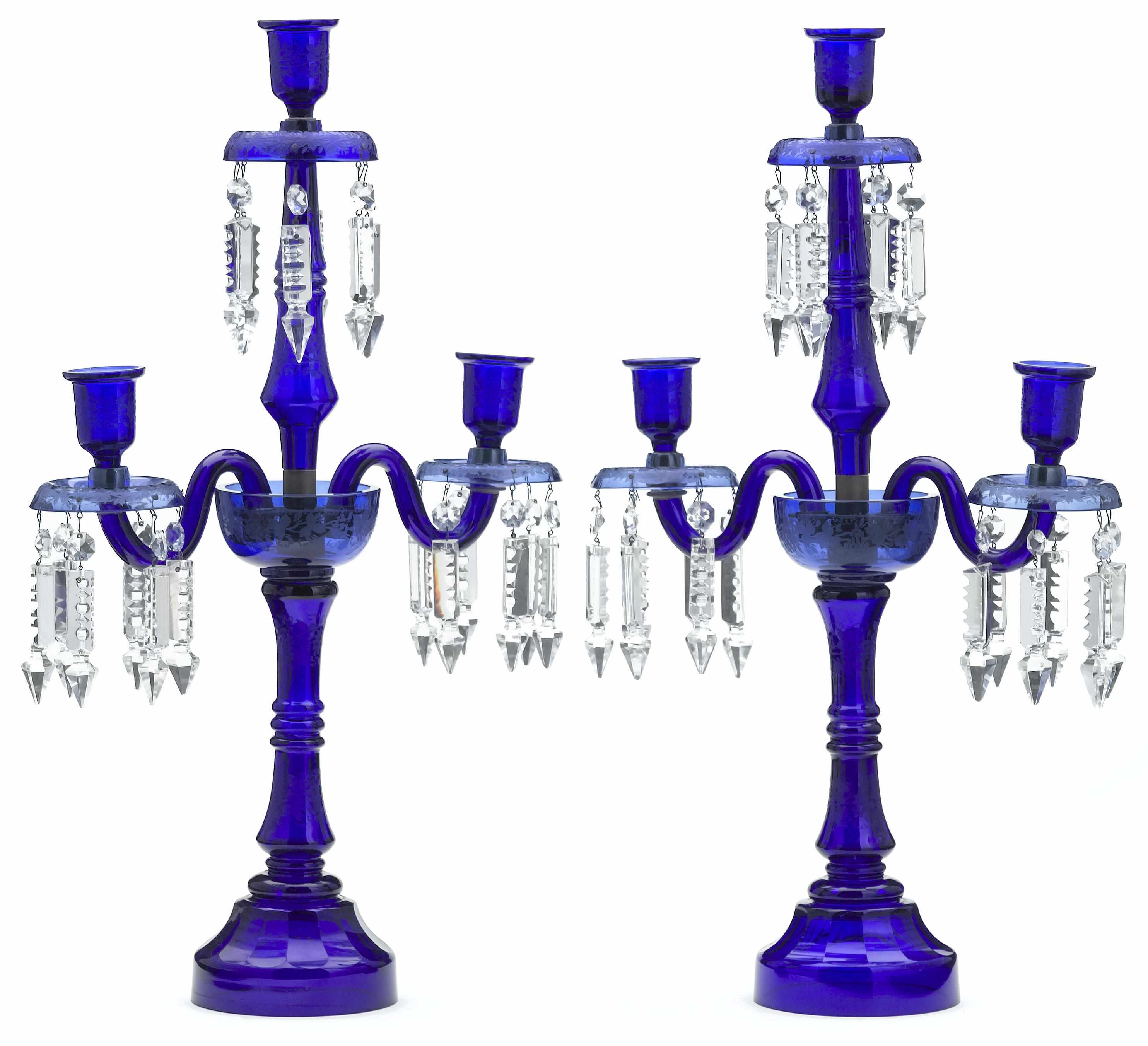 Appraisal: A pair of French engraved cobalt blue glass three light