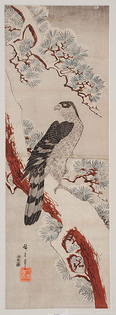 Appraisal: Ando Hiroshige Japanese - Goshawk on pine in snow signed