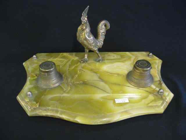 Appraisal: Art Deco Inkstand with Bronze Rooster double well onyx base