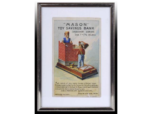 Appraisal: Mason Mechanical Bank Trade Card Description Patented Full color lithographed