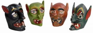 Appraisal: Four Colorful Painted Wood Masks Probably Mexican th century with