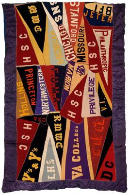 Appraisal: Collegiate pennant coverlet collegiate and other institutional banners including Northwestern