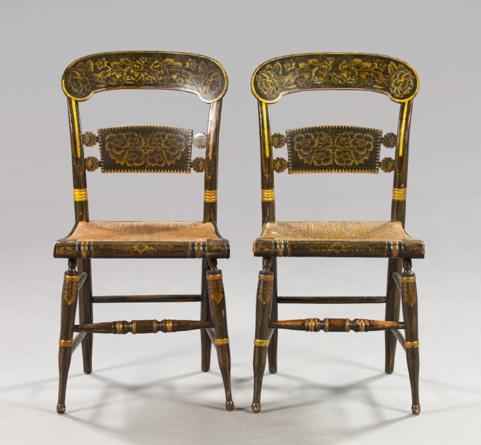 Appraisal: Pair of American Classical Polychromed and Stenciled Sidechairs first quarter