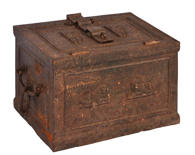 Appraisal: A TH CENTURY CAST IRON STRONGBOX with lifting handled lid