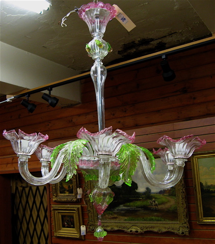 Appraisal: SIX-LIGHT VENETIAN GLASS CHANDELIER of hand blown pink green and