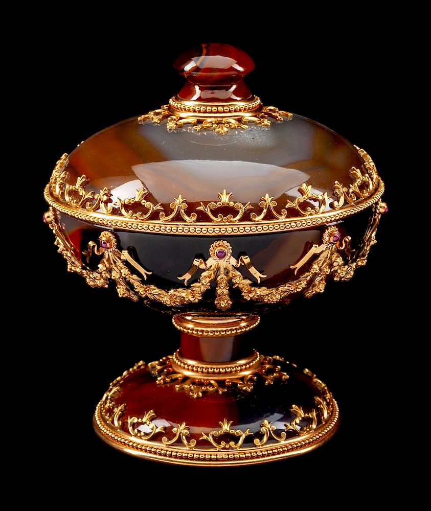 Appraisal: A Continental -Karat Gold Mounted Agate Bowl and Cover A