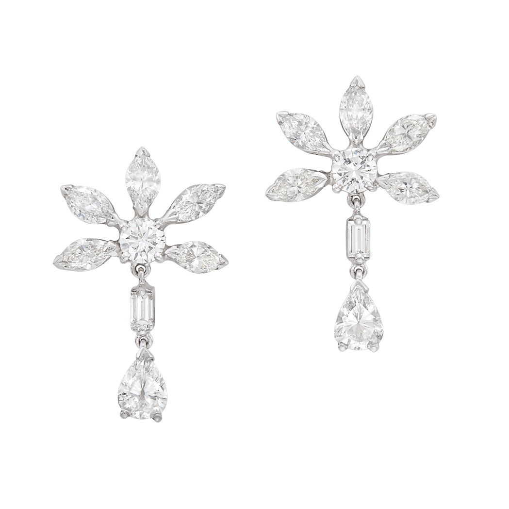 Appraisal: Pair of Platinum and Diamond Pendant-Earrings round diamonds ap ct