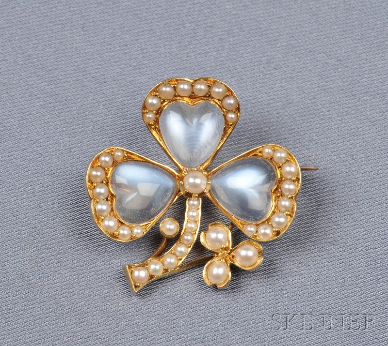 Appraisal: Antique kt Gold Moonstone and Seed Pearl Clover Pin set