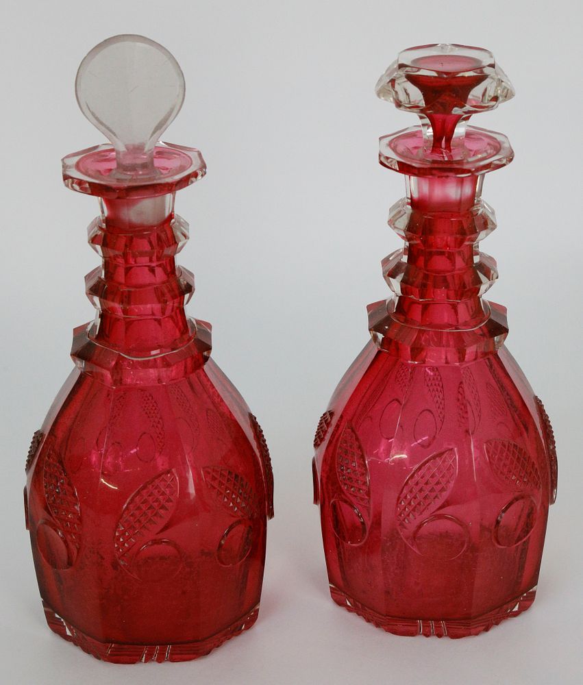 Appraisal: Pair of Cranberry Cut Crystal Glass Decanters Pair of Cranberry