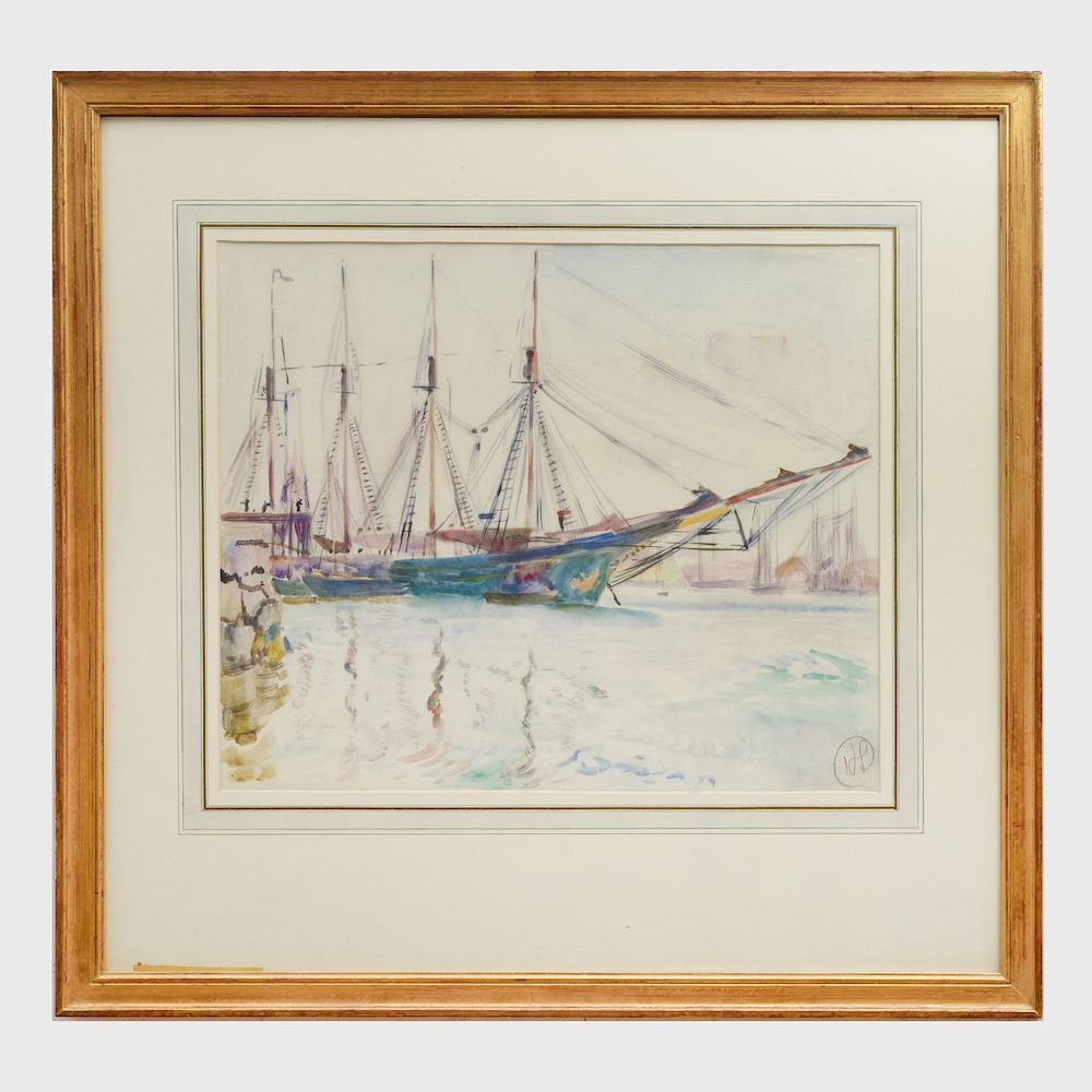 Appraisal: Richard Hayley Lever - Schooner at Dockside Gloucester Mass Watercolor