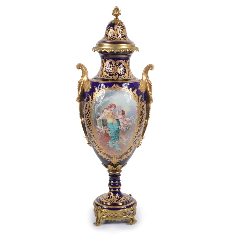 Appraisal: SEVRES CHATEAU DES TUILERIES COBALT GILT PORCELAIN URN WITH HAND