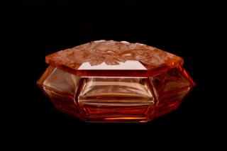 Appraisal: Hoffman Pink Glass Hexagonal Dresser Box Heinrich Hoffman Czechoslovakia -