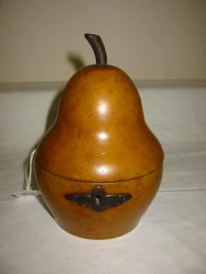 Appraisal: A FRUITWOOD TEA CADDY modelled as a pear with stalk