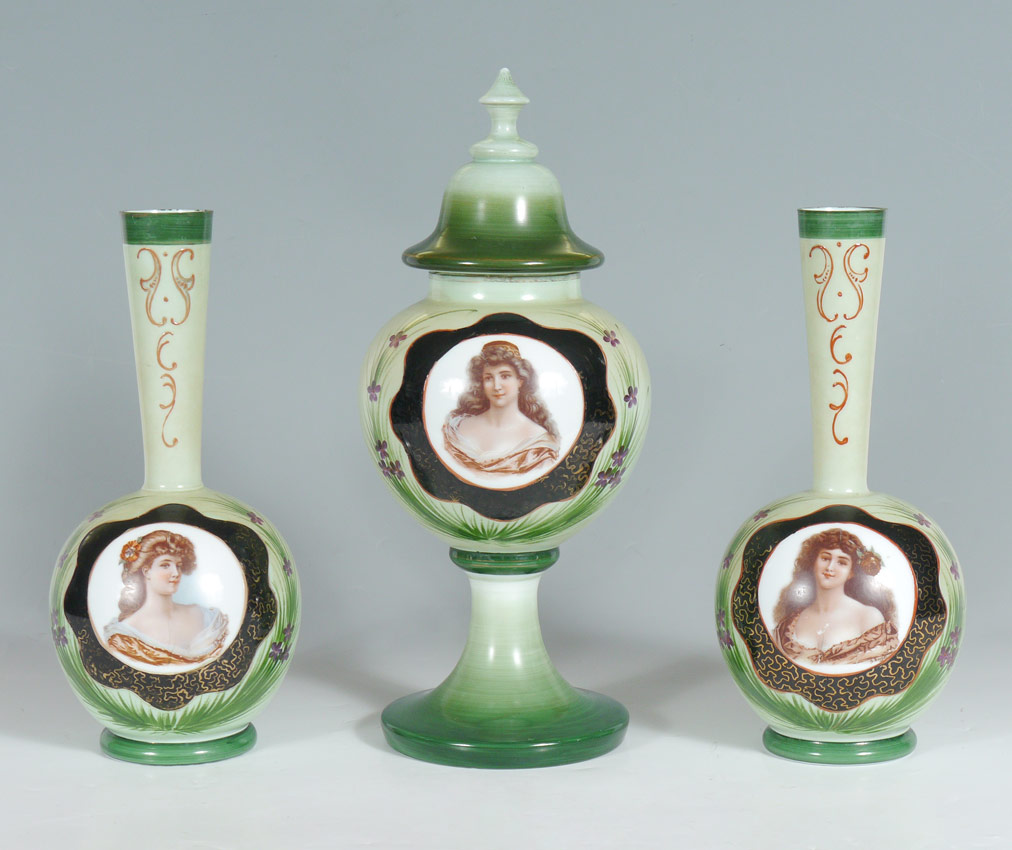 Appraisal: PIECE SIGNED BRISTOL GLASS PORTRAIT GARNITURE SET To include a