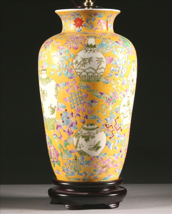 Appraisal: CHINESE FAMILLE JAUNE PORCELAIN VASE Ovoid-form floral decoration electrified -