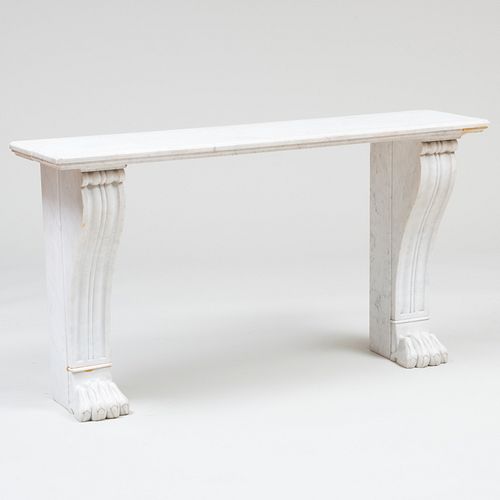 Appraisal: REGENCY STYLE WHITE VEINED MARBLE CONSOLE TABLE WITH PAW FEET