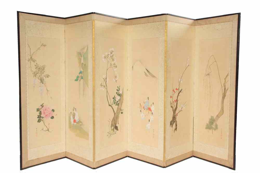 Appraisal: SIX-FOLD PAINTED JAPANESE SCREEN - Late th c Six-Fold Handpainted