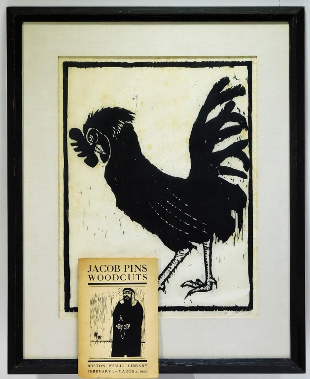 Appraisal: JACOB PINS LARGE ROOSTER WOODBLOCK PRINT Israel Germany - The