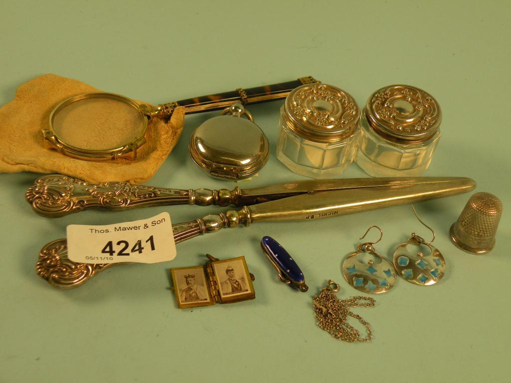 Appraisal: A set of silver mounted glove stretchers a lorgnette two