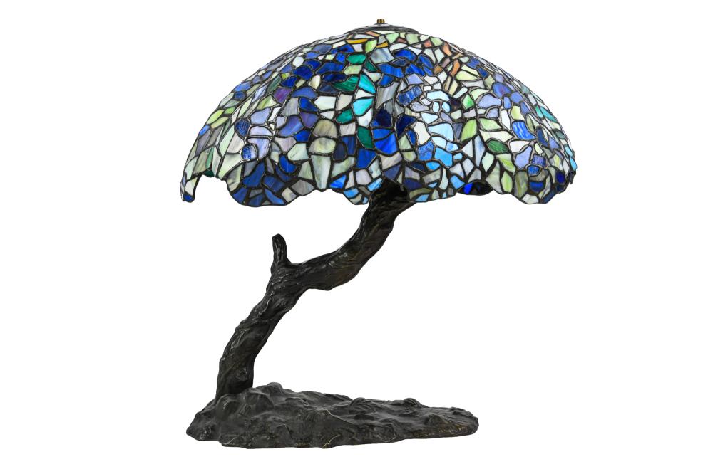 Appraisal: TREE FORM LEADED GLASS TABLE LAMPleaded glass shade with a