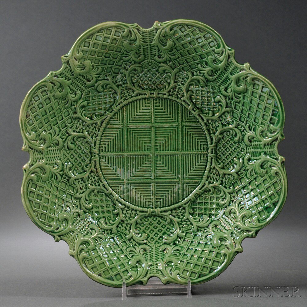 Appraisal: Staffordshire Cream-colored Earthenware Green Glazed Dish England c press-molded cartouche