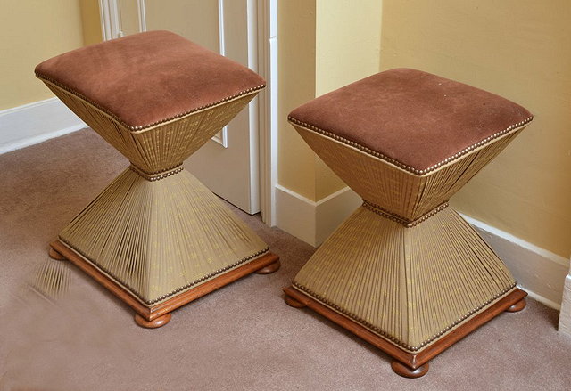 Appraisal: A PAIR OF VICTORIAN SQUARE UPHOLSTERED STOOLS with brass studded