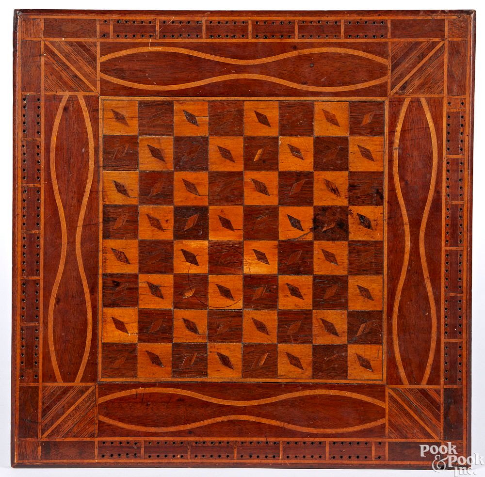 Appraisal: Parquetry checkers and cribbage gameboard Parquetry double sided checkers and