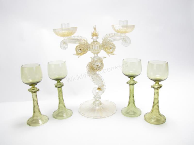 Appraisal: Venetian Glass Stemware and Candelabra set of six green wine